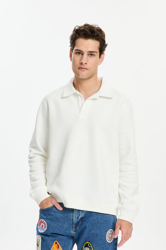 Kırık Beyaz Logo Etiketli Polo Sweatshirt