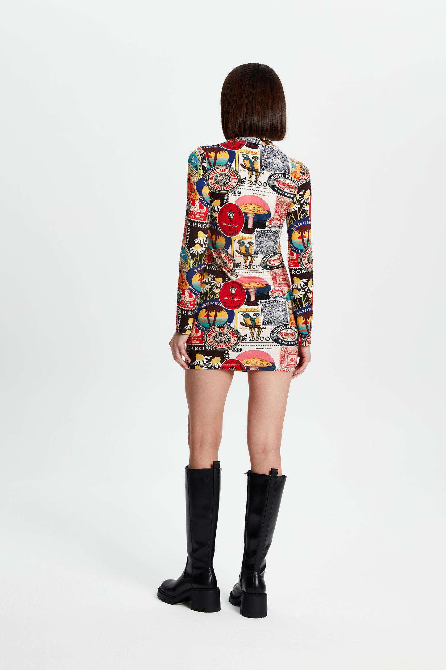 Postcard Printed Turtleneck Mini Dress 