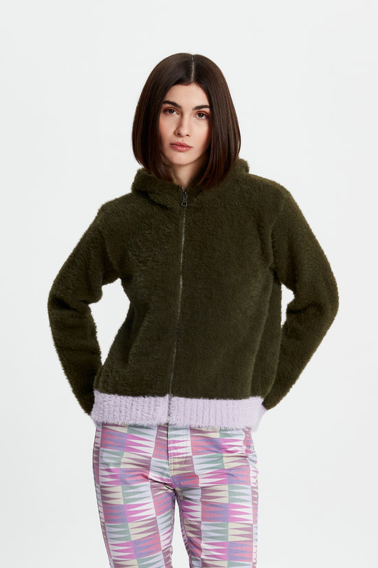 Hooded Front Zip Fuzzy Sweater