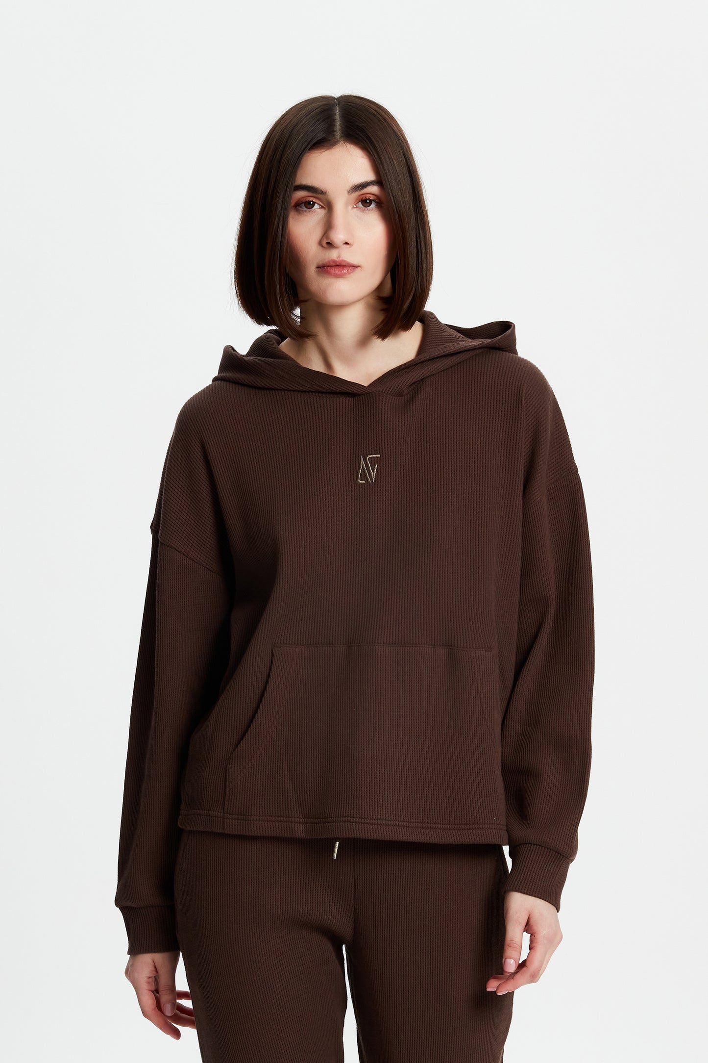 Kahverengi Waffle Bol Kesim Hoodie