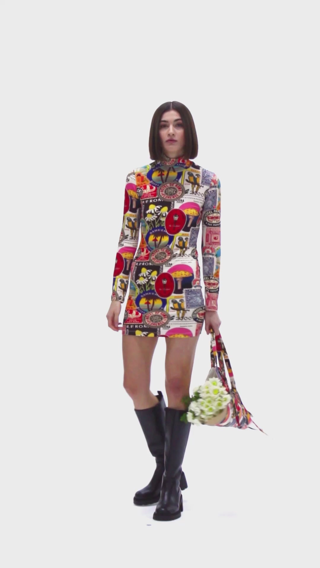 Load and play video in Gallery viewer, Postcard Printed Turtleneck Mini Dress 
